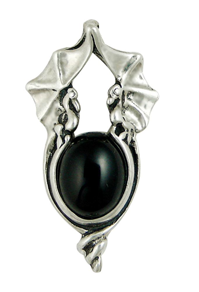 Sterling Silver Proud Pair of Dragons Pendant With Black Onyx